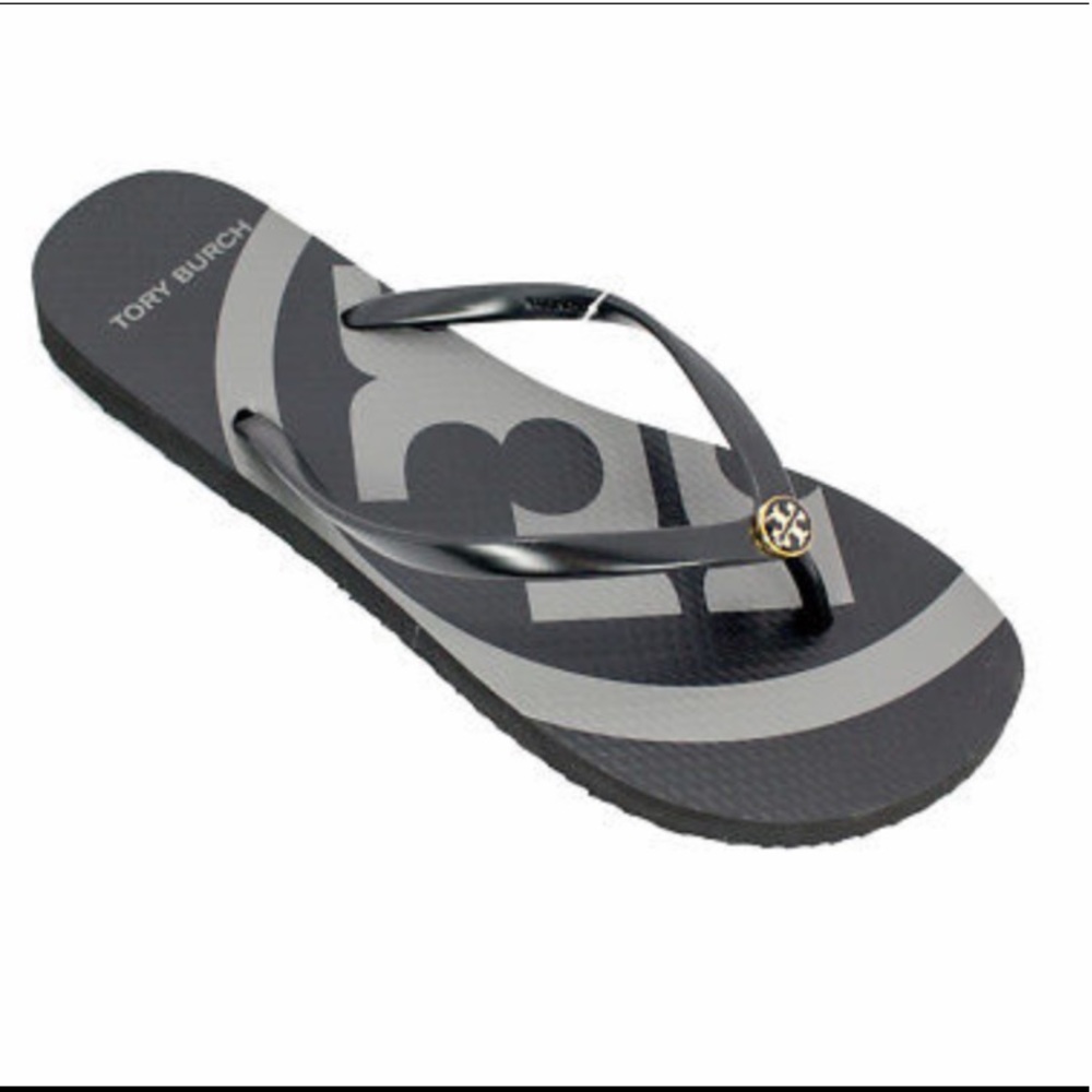 New Tory Burch Monogram Logo Black Sandals Size 8